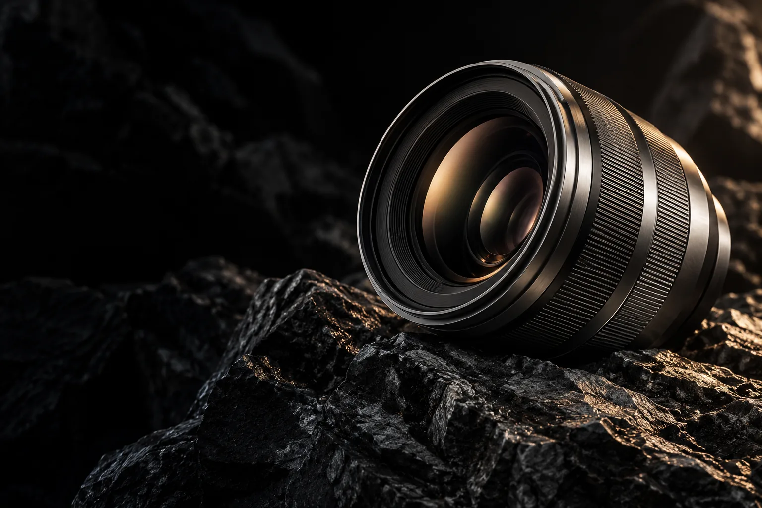 Precision metal lens on dark textured rock