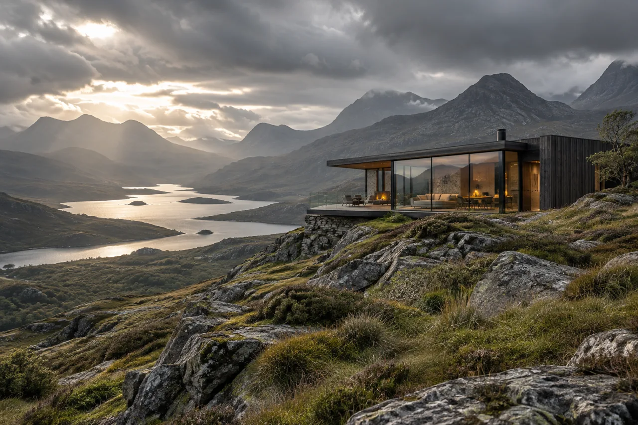 Glass and timber architecture set within mountain scenery